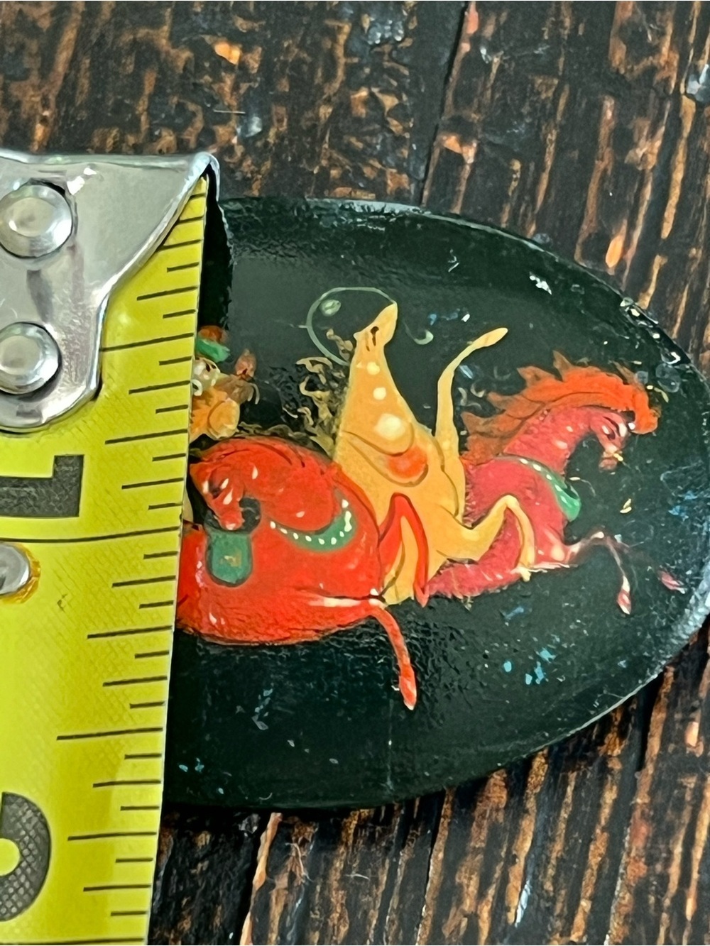 Vtg Russian Hand Painted Black Lacquer Wood Brooch Sleigh Horses Mythology - Picture 3 of 11